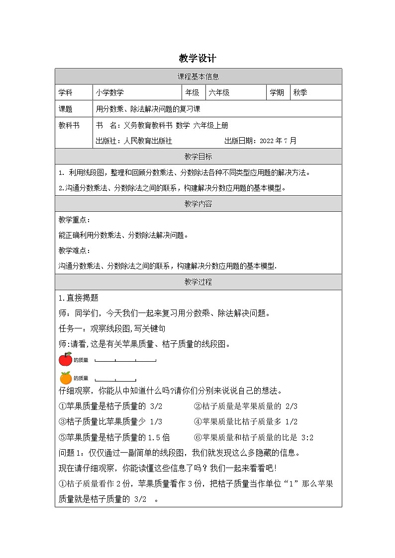 人教版数学六年级上册9 总复习-表格式教案第1页