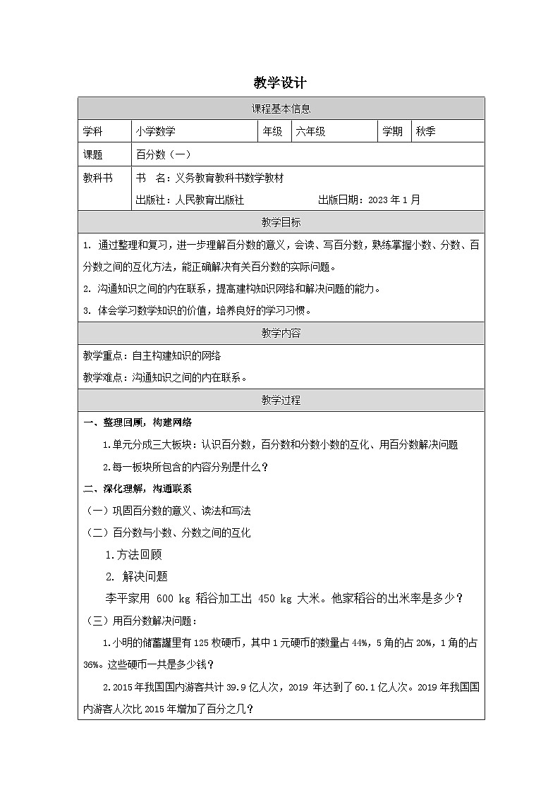 人教版数学六年级上册整理和复习-表格式教学设计第1页