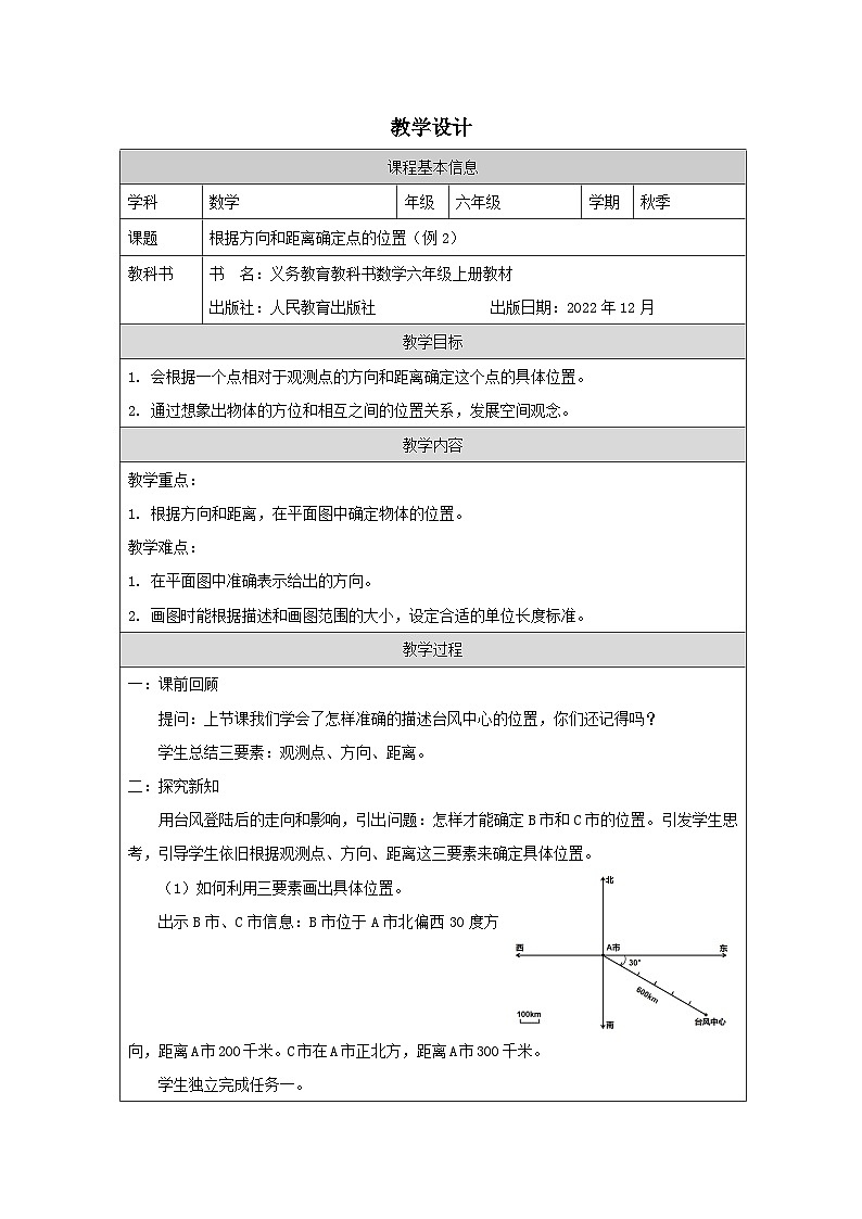 人教版数学六年级上册根据方向和距离确定点的位置（例2）-表格式教案第1页