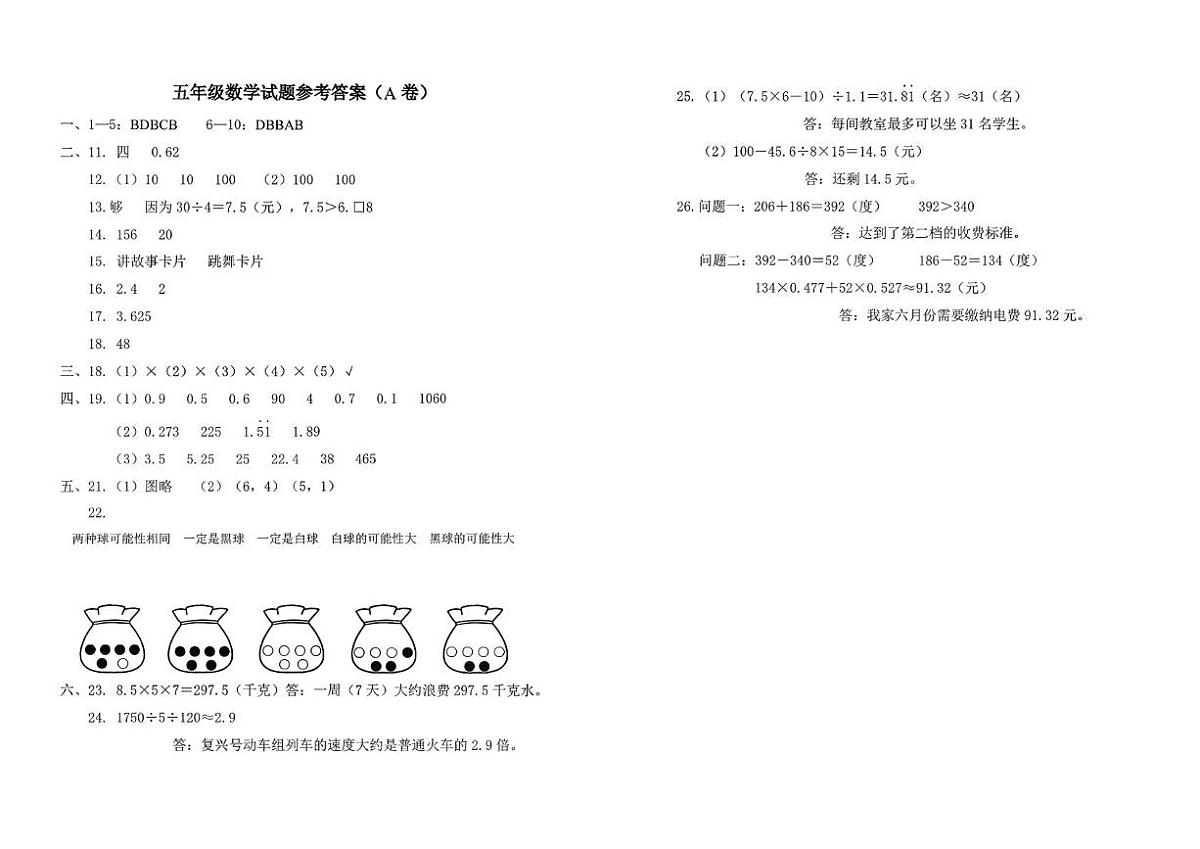 山西省长治市黎城县2025-2026学年五年级上学期阶段性学业练习数学试题 五年级数学答案第1页