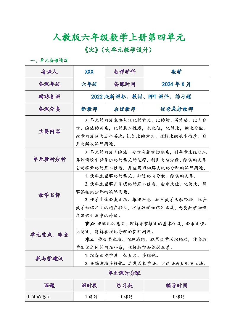第四单元《比》（教学设计）-2023-2024学年 六年级上册数学 人教版第1页