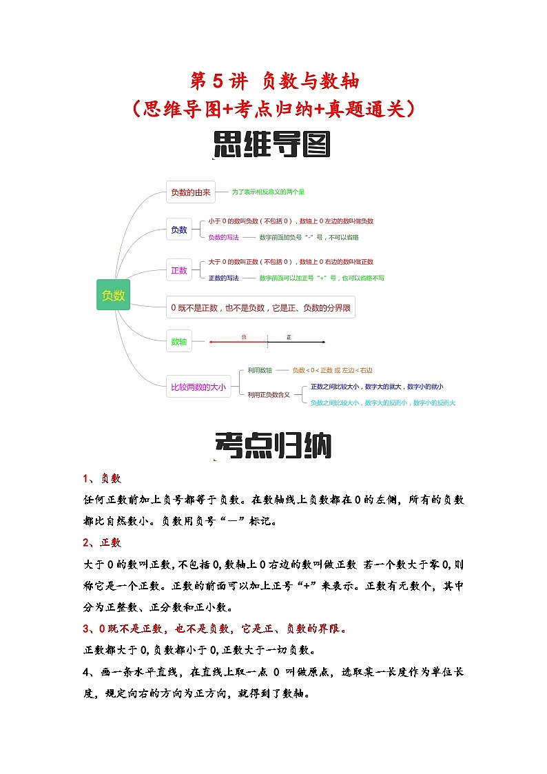 第5讲 负数与数轴（思维导图+考点归纳+真题通关）-【练透核心考点】2023-2024学年六年级数学下册小升初复习重点方法与技巧（通用版）第1页