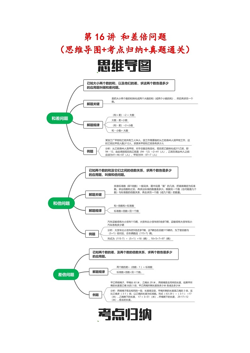 第16讲 和差倍问题（思维导图+考点归纳+真题通关）-【练透核心考点】2023-2024学年六年级数学下册小升初复习重点方法与技巧（通用版）第1页