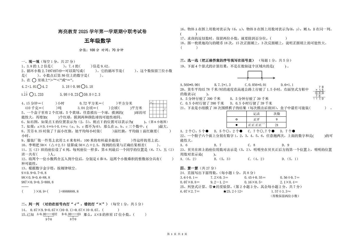 浙江省绍兴市海亮教育集团2025-2026学年五年级上学期期中数学试卷第1页