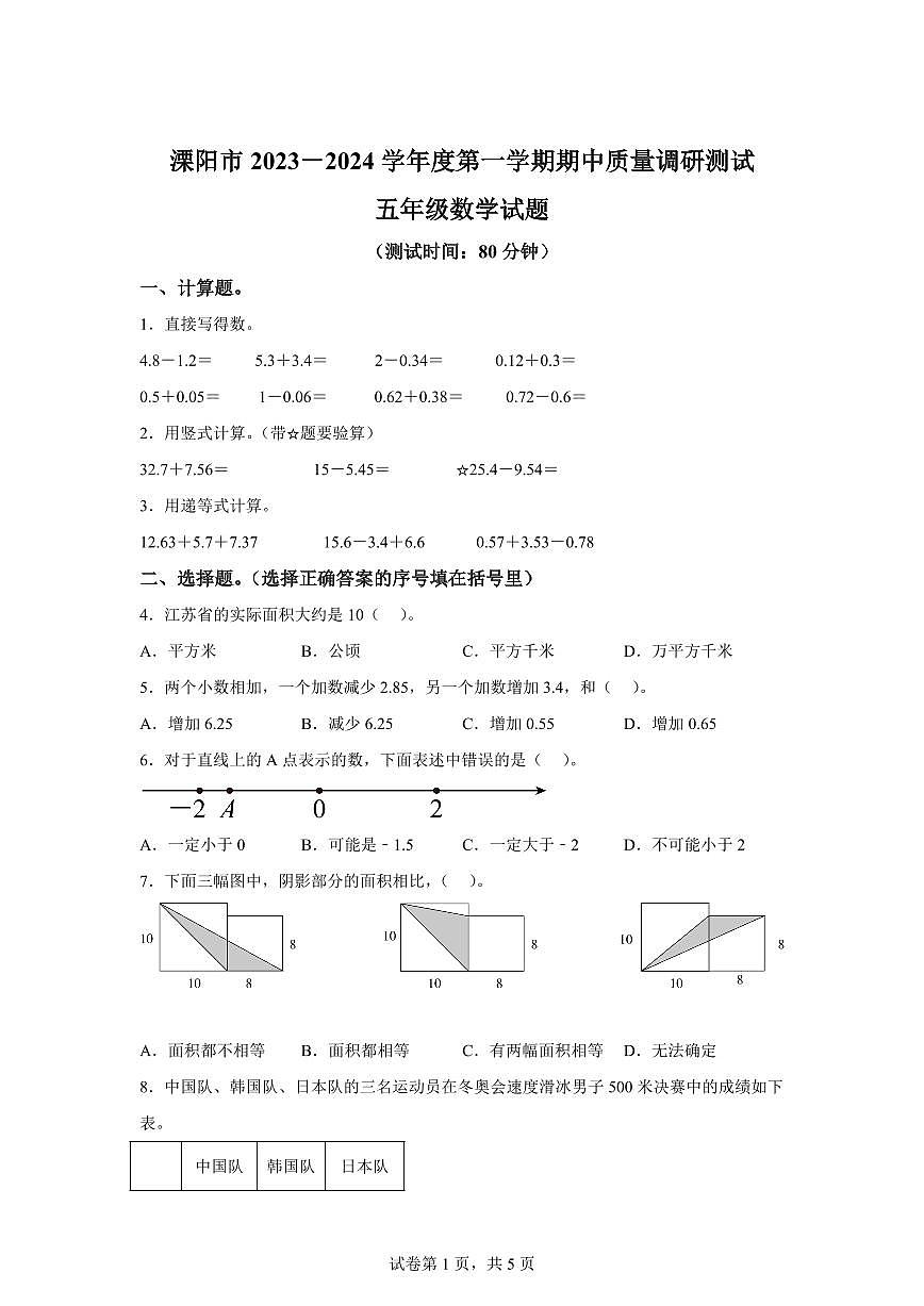 2023~2024学年江苏省常州市溧阳市苏教版五年级上学期期中数学试卷（含答案）第1页