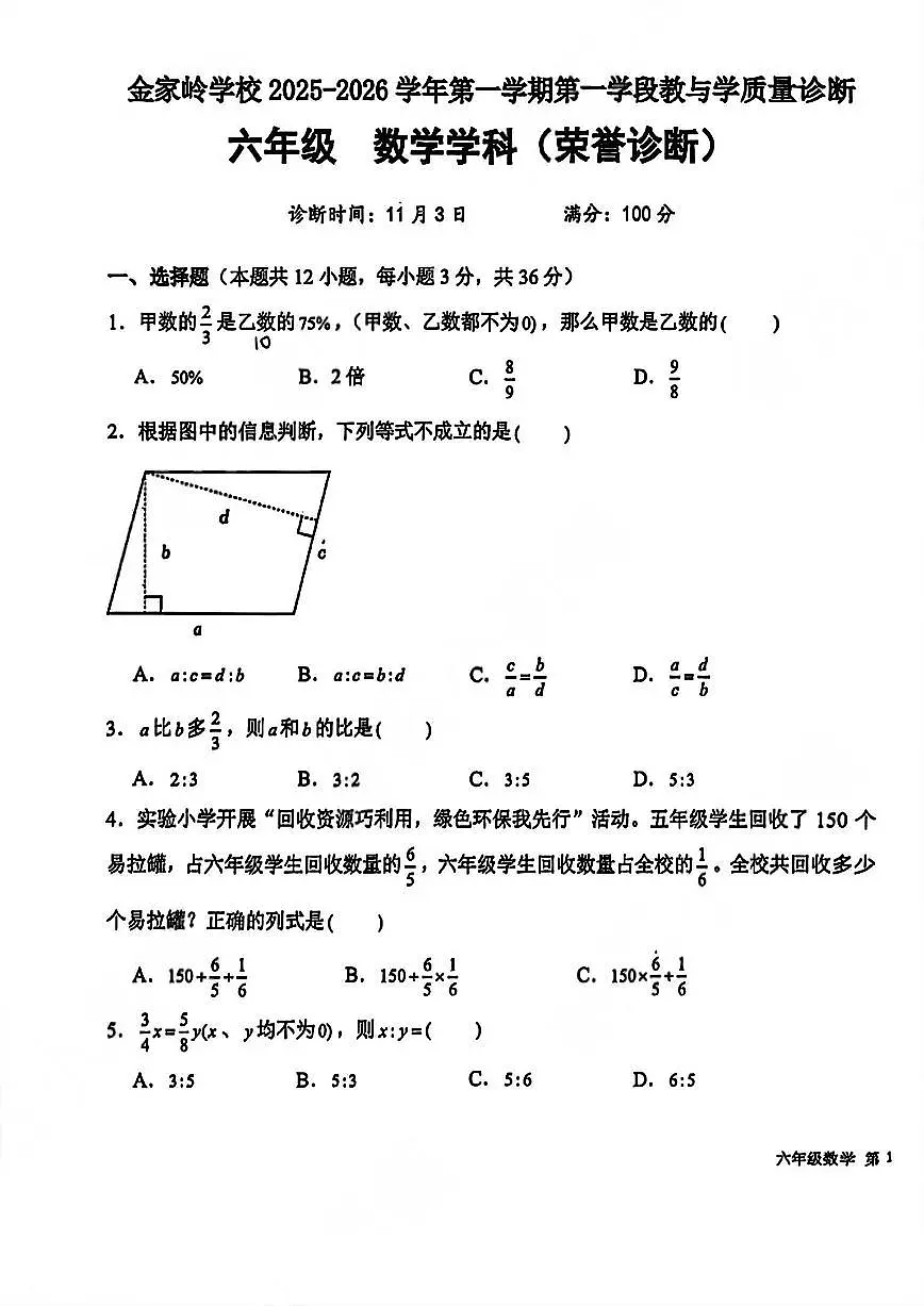 山东省青岛市金家岭学校2025-2026学年第一学期六年级数学荣誉考试试卷（无答案）第1页