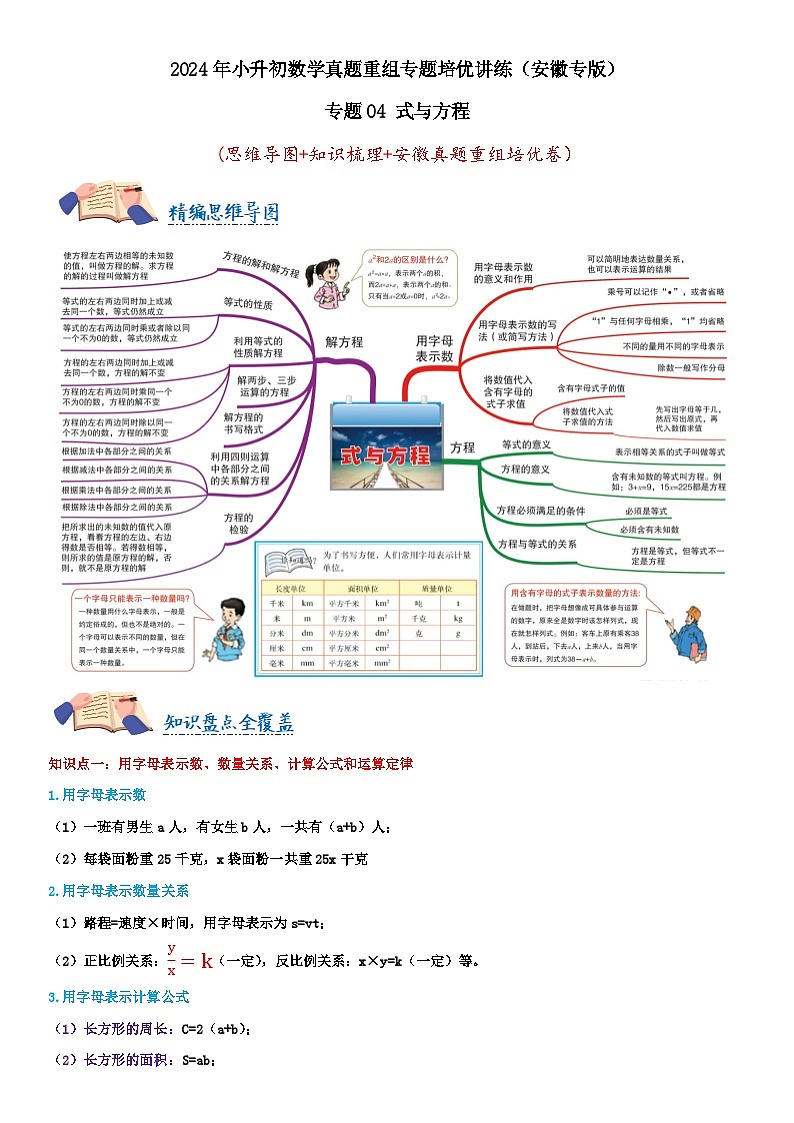 专题04 式与方程（教师版）安徽专版第1页