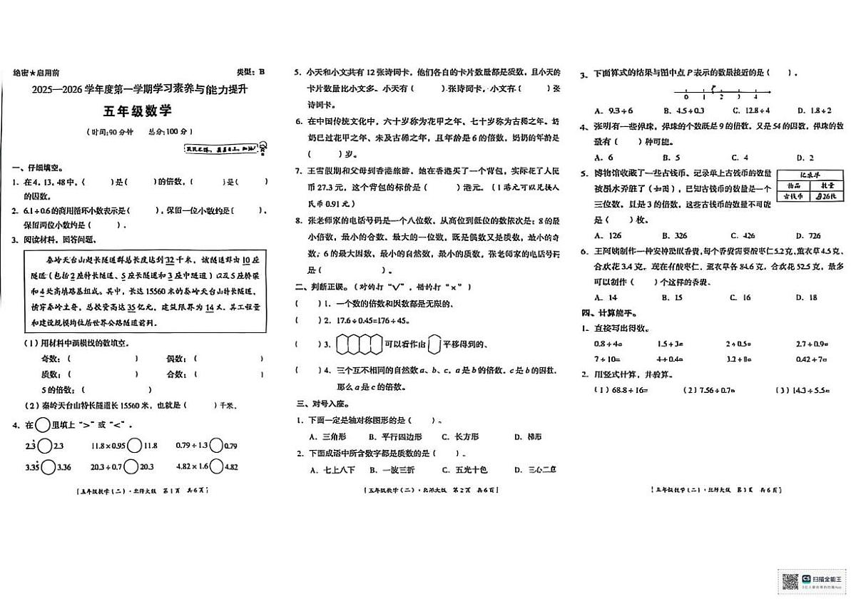 甘肃省武威市天祝藏族自治县天堂镇科拉小学2025-2026学年五年级上学期学习素养与能力提升数学试卷（月考）第1页