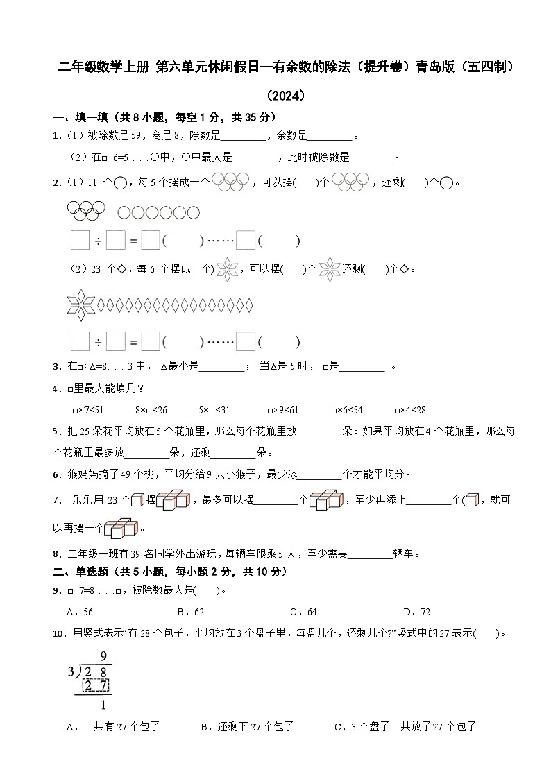 二年级数学上册 第六单元休闲假日—有余数的除法（提升卷）青岛版（五四制）（2024）（含解析）第1页