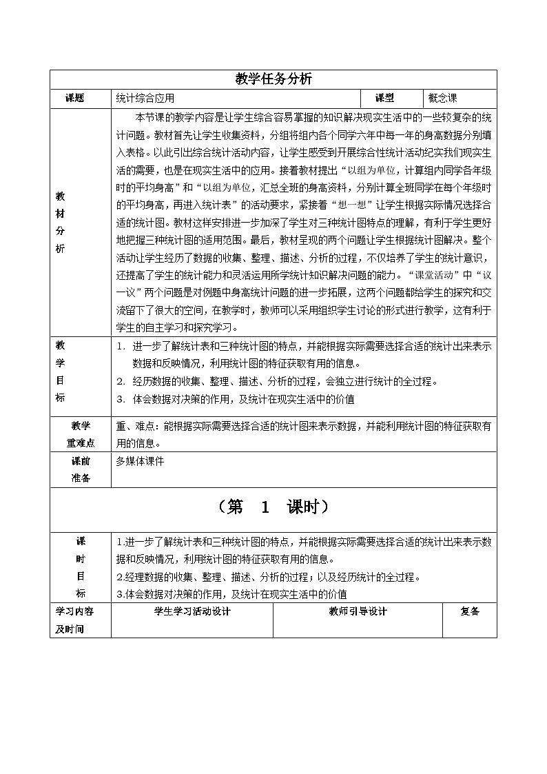 西师大版六年级数学下册 统计综合应用（教案）第1页