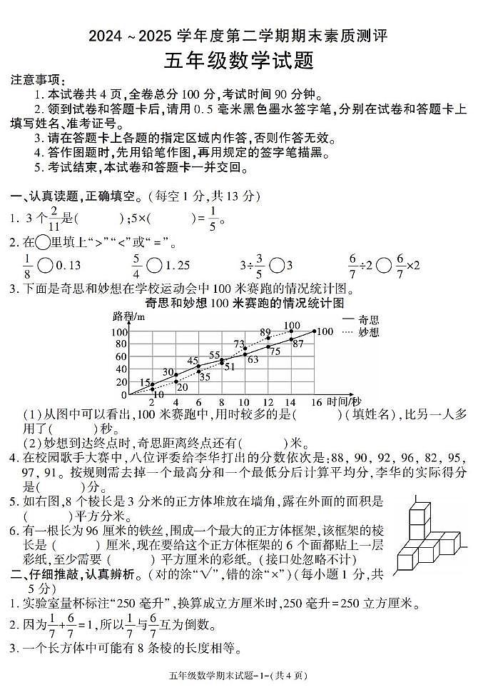 陕西省咸阳市兴平市2024-2025学年五年级下学期期末考试数学试卷第1页