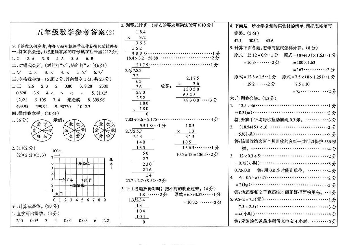 期中质量检测卷（试题）-山东省济宁市金乡县2025-2026学年第一学期五年级数学 五年级数学答案第1页