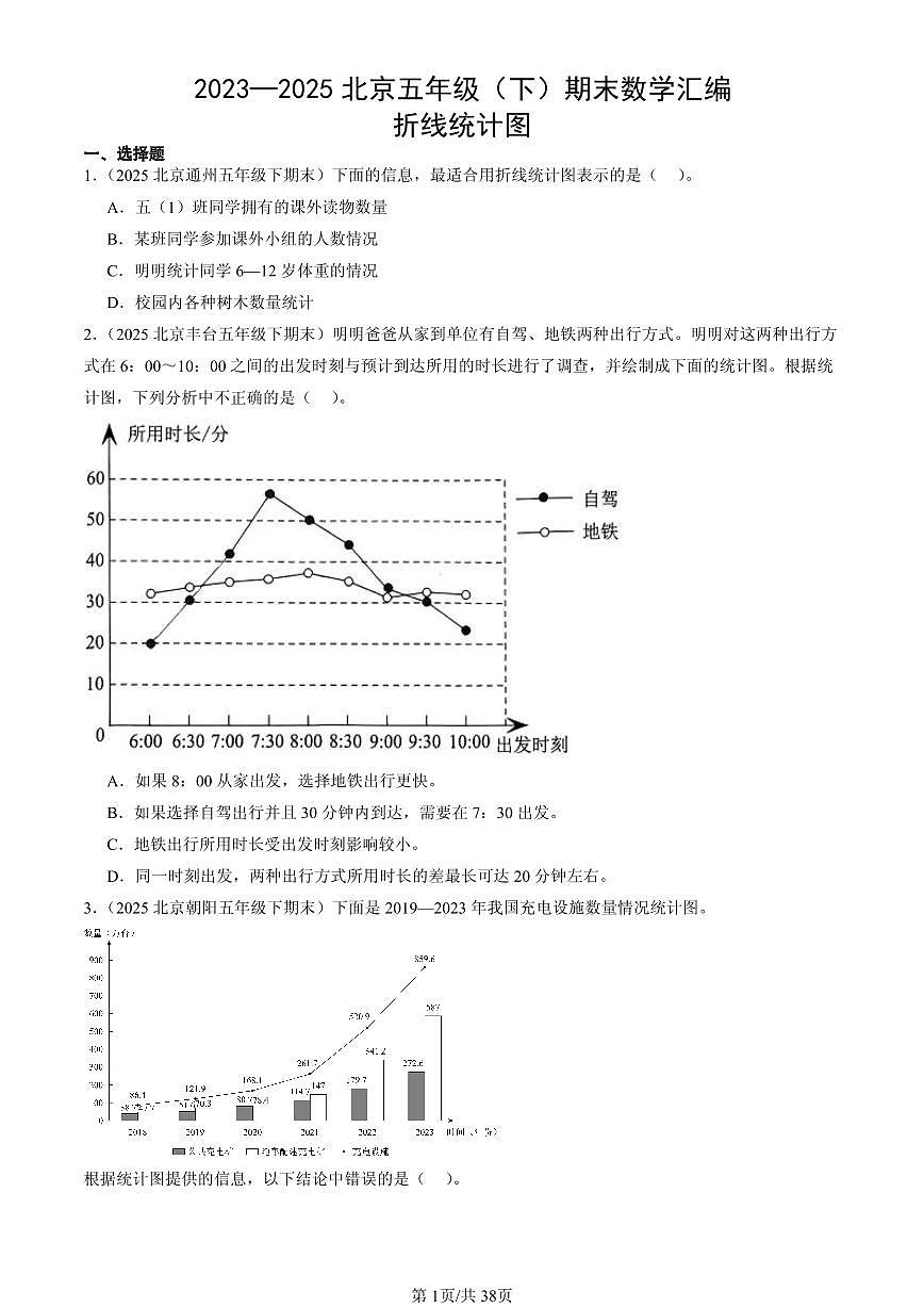 2023—2025北京五年级（下）期末数学汇编：折线统计图第1页