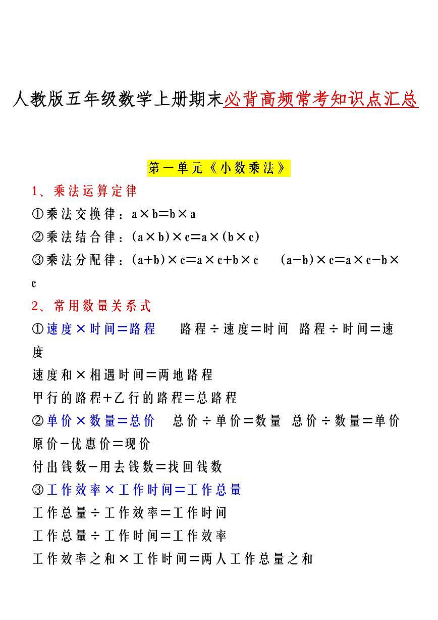 人教版五年级数学上册数学期末必背高频常考知识点汇总第1页