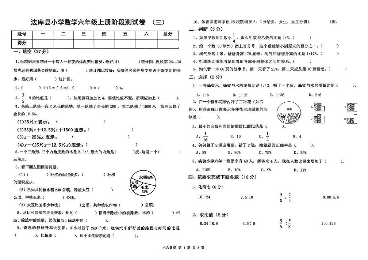 辽宁省沈阳市法库县2025-2026学年六年级上学期11月月考数学试题第1页