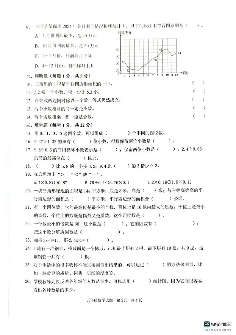 山东省枣庄市峄城区2024-2025学年五年级上学期1月期末数学试题第2页