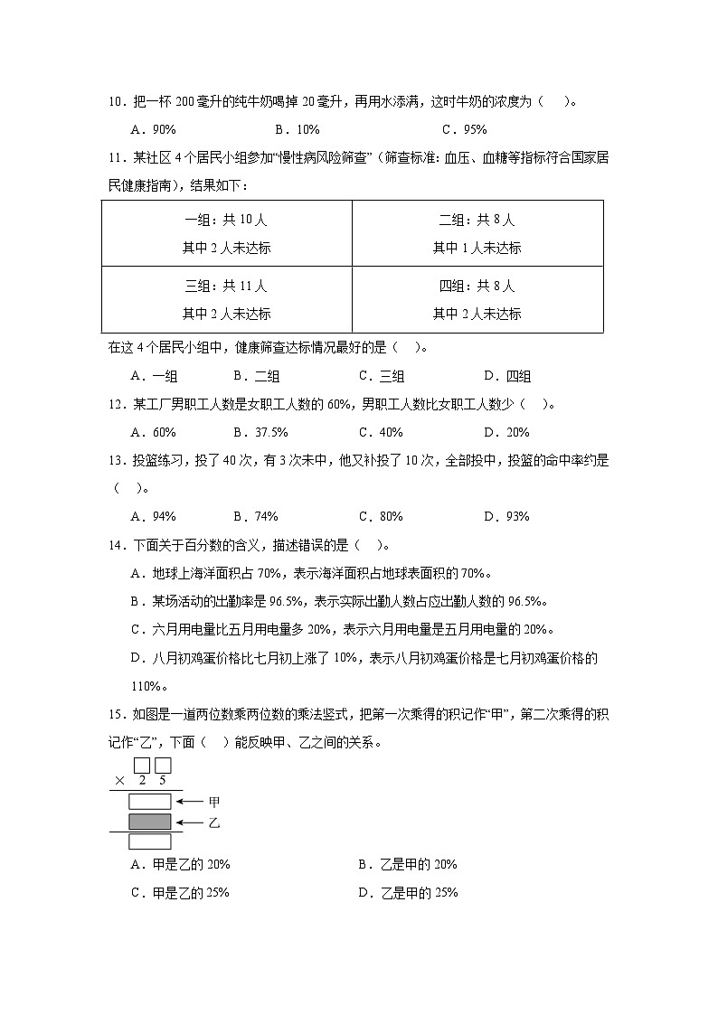 （单元提升培优）第6单元 百分数（一）专项01 选择题-2025-2026学年六年级数学上册单元提升培优精练人教版（含答案解析）第2页