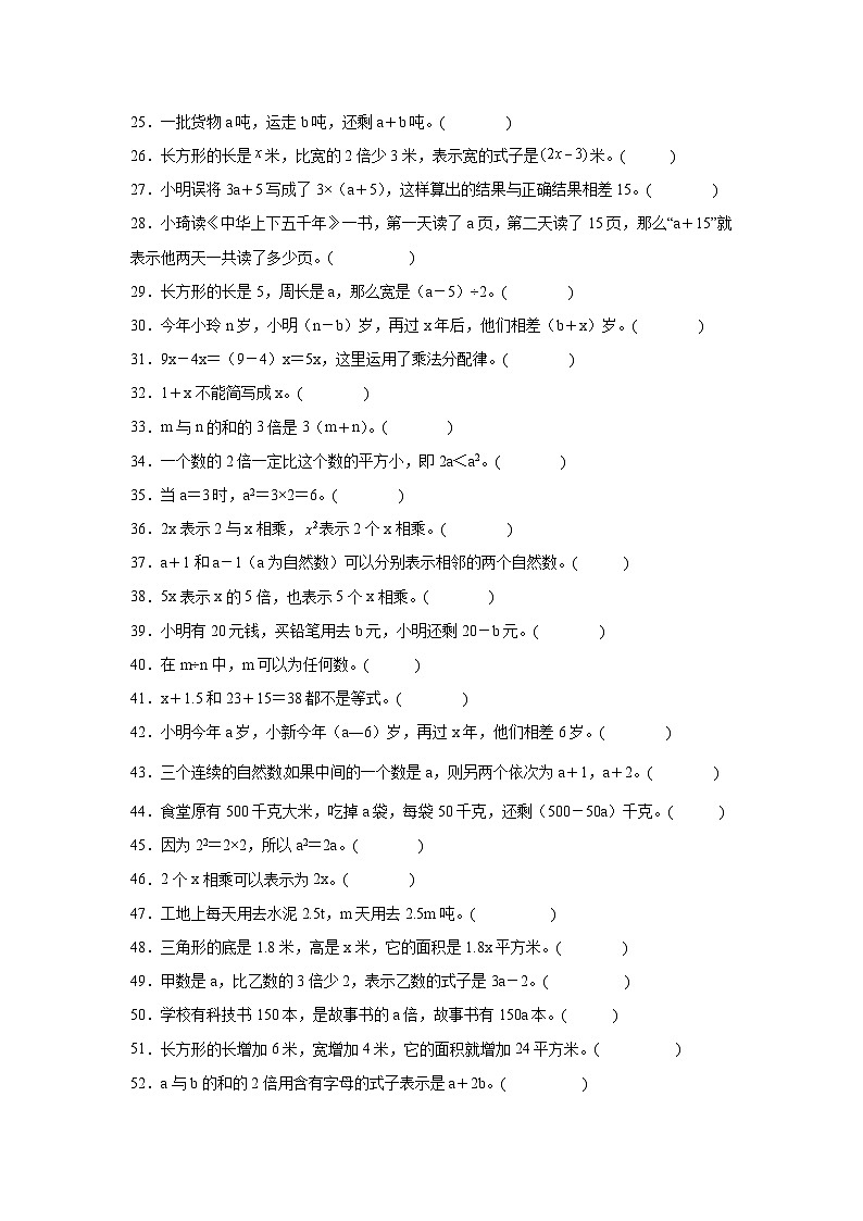 （单元提升培优）第8单元 用字母表示数 专项03 判断题-2025-2026学年五年级数学上册单元提升培优精练苏教版（含答案解析）第2页