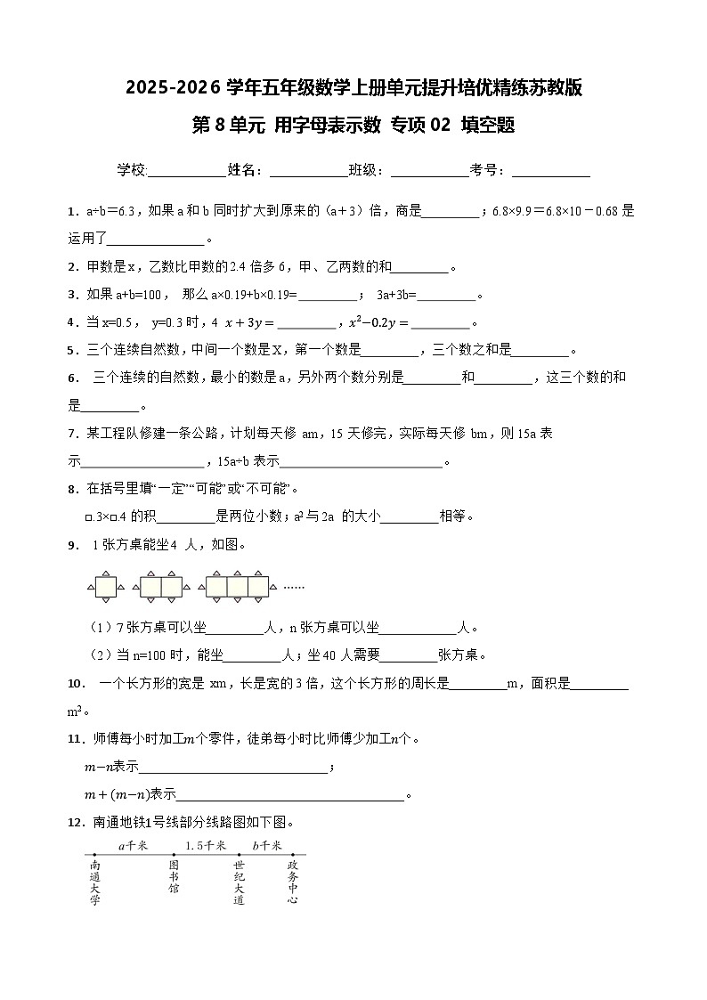 （单元提升培优）第8单元 用字母表示数 专项02 填空题-2025-2026学年五年级数学上册单元提升培优精练苏教版（含答案解析）第1页