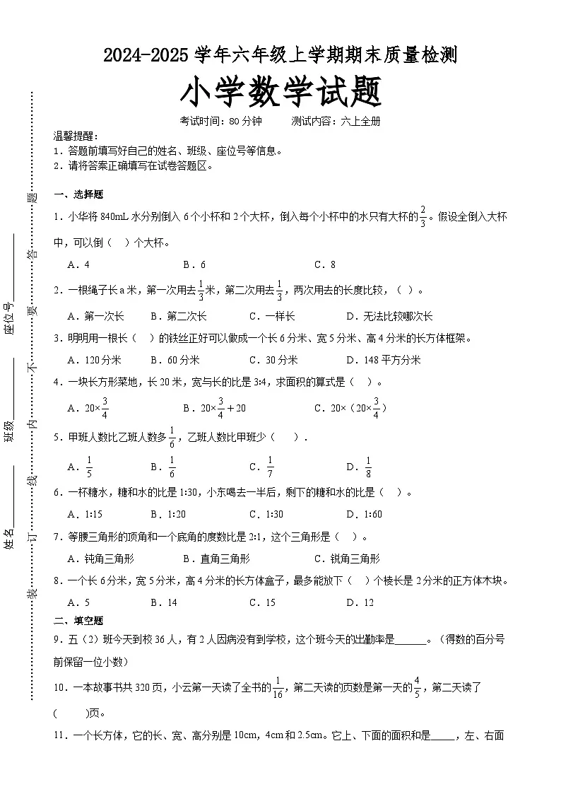 期末培优高频易错押题卷(试题)-2024-2025学年六年级上册数学苏教版A4版-A4第1页