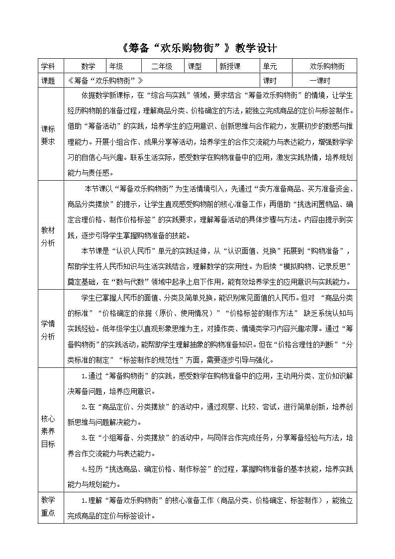 欢乐购物街2《筹备“欢乐购物街”》（教案）-2025-2026学年二年级上册数学  苏教版第1页