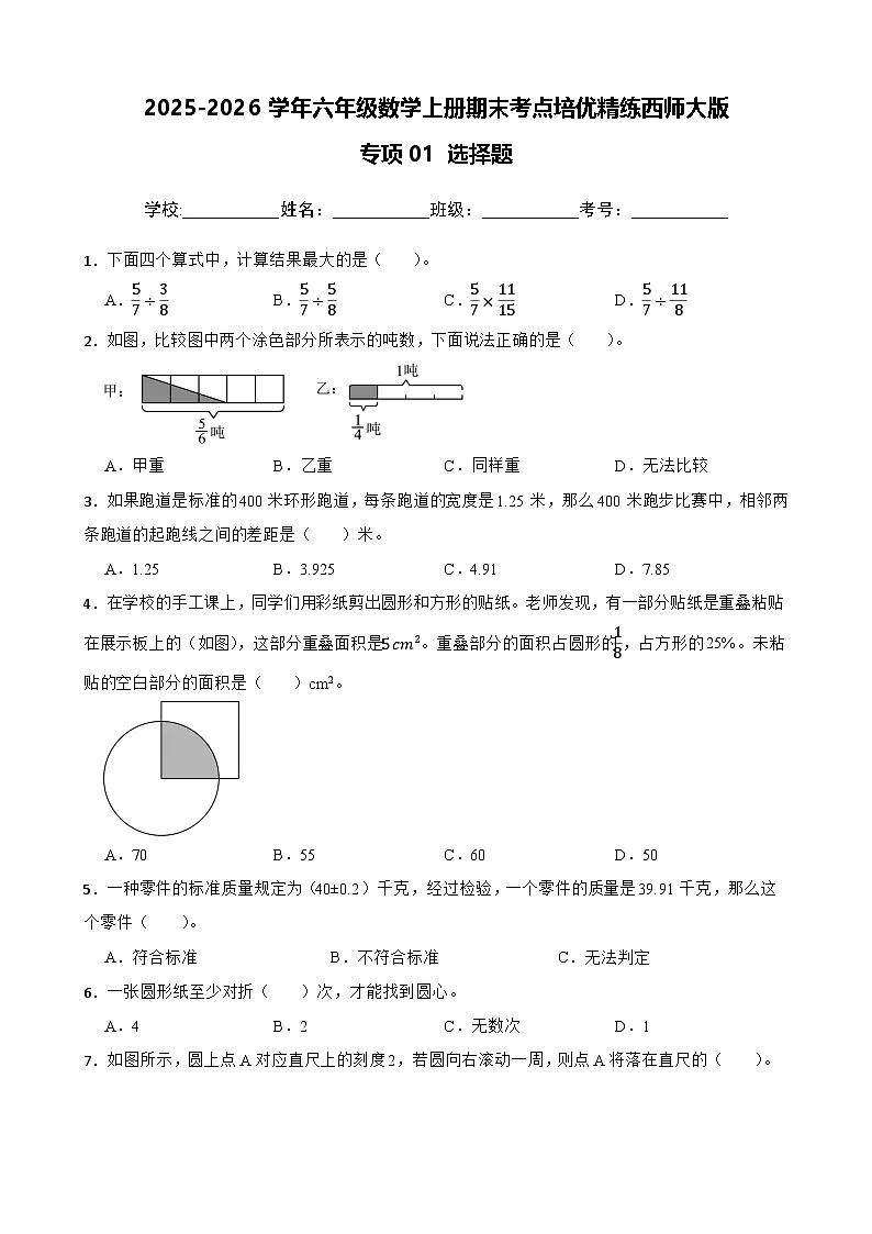 （期末考点培优）专项01 选择题-2025-2026学年六年级数学上册期末考点培优精练西师大版（含答案解析）第1页
