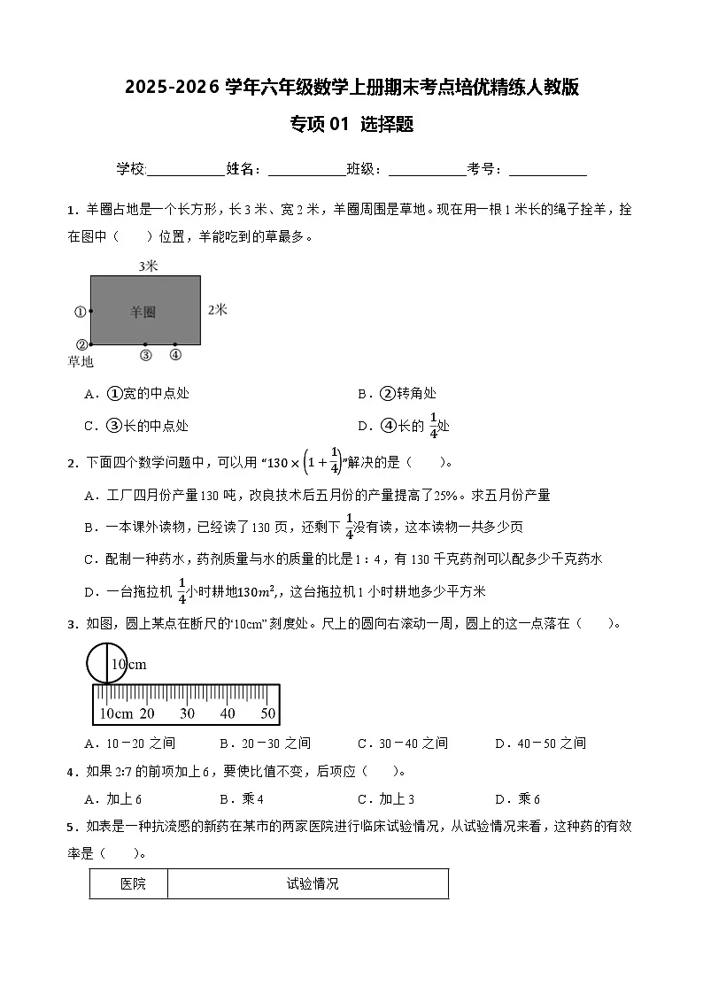 （期末考点培优）专项01 选择题-2025-2026学年六年级数学上册期末考点培优精练人教版（含答案解析）第1页