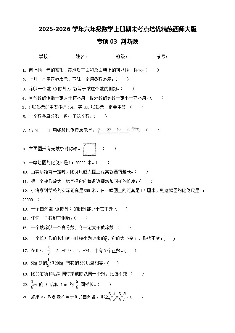 （期末考点培优）专项03 判断题-2025-2026学年六年级数学上册期末考点培优精练西师大版（含答案解析）第1页