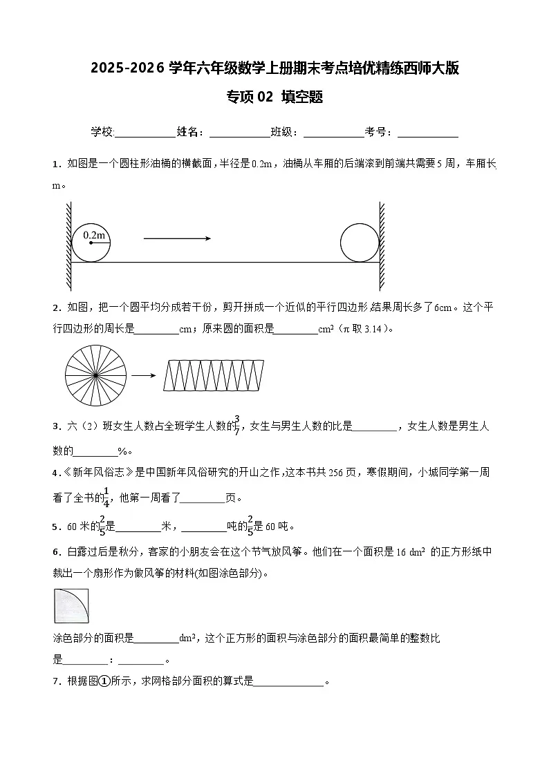 （期末考点培优）专项02 填空题-2025-2026学年六年级数学上册期末考点培优精练西师大版（含答案解析）第1页