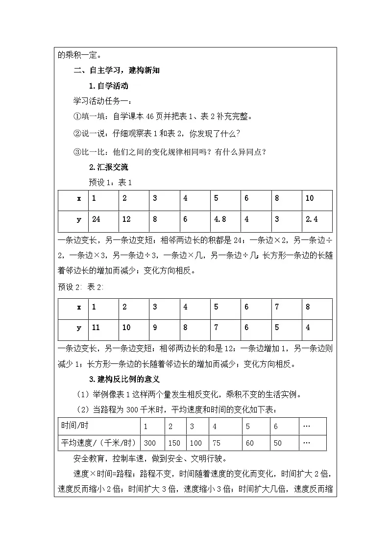 北师大版 数学 六年级下册反比例-表格式教案第2页