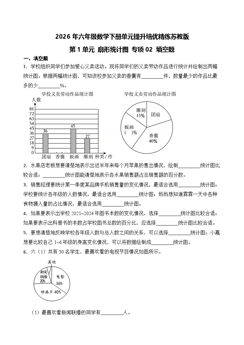 第1单元2026年六年级数学下册单元提升培优精练苏教版第1单元 扇形统计图 专项02 填空题（含答案解析）第1页