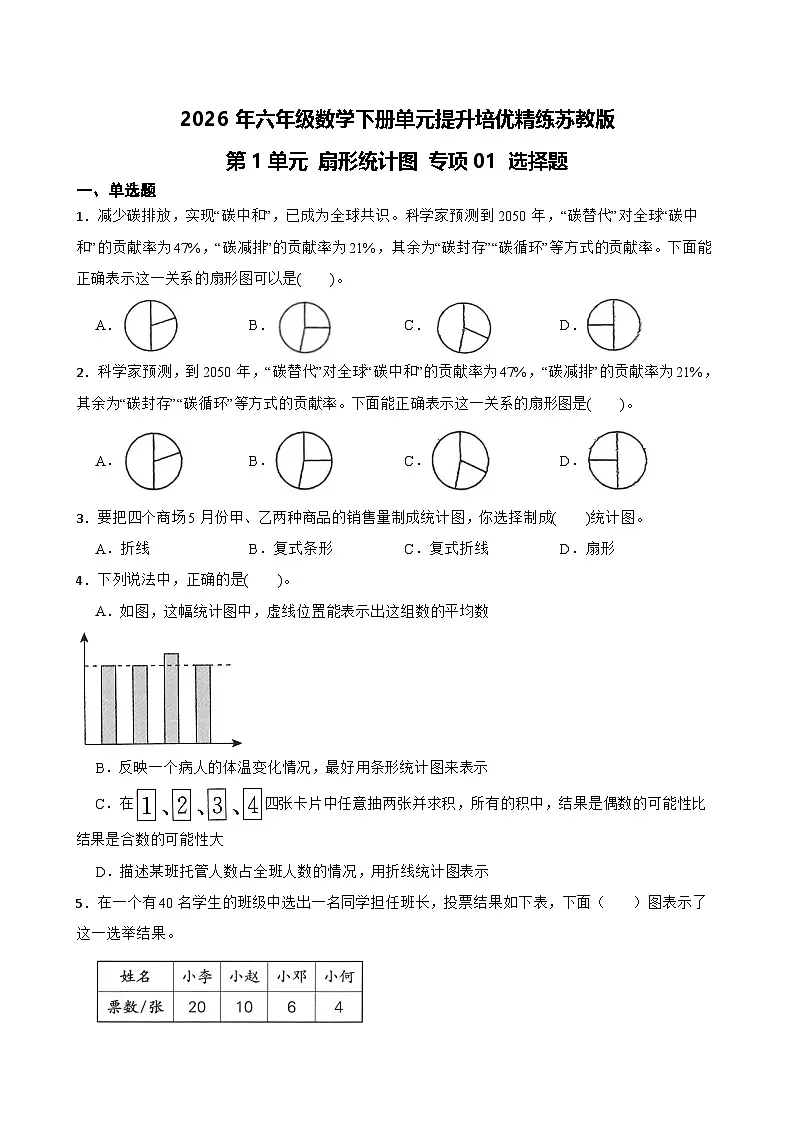 第1单元2026年六年级数学下册单元提升培优精练苏教版第1单元扇形统计图 专项01 选择题（含答案解析）第1页