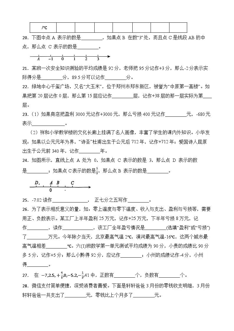 第1单元2026年六年级数学下册单元提升培优精练人教版第1单元 负数 专项02 填空题（含答案解析）第3页