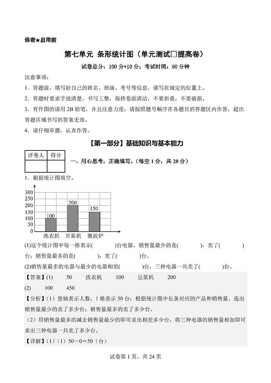 第七单元 条形统计图（单元测试•提高卷）数学人教版四年级上册（参考解析）第1页