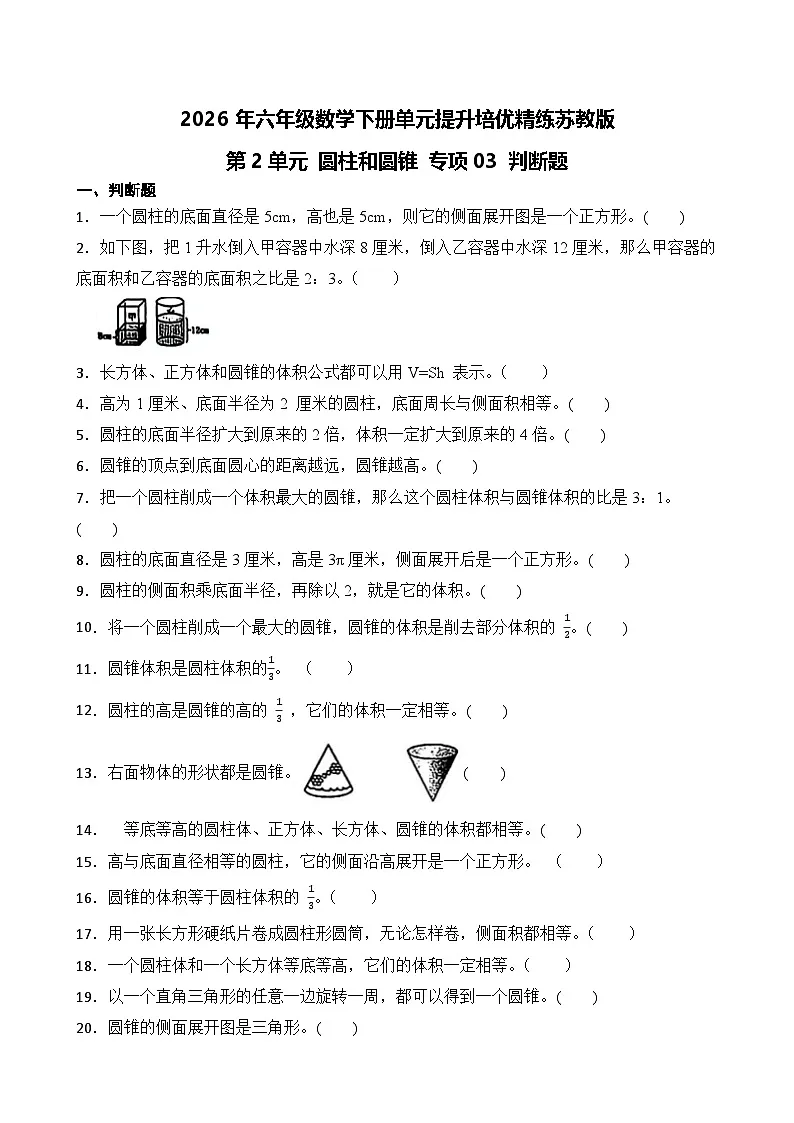 第2单元2026年六年级数学下册单元提升培优精练苏教版第2单元 圆柱和圆锥 专项03 判断题（含答案解析）第1页