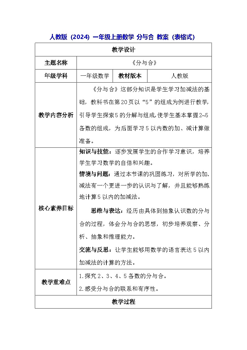 人教版（2024）一年级上册数学 分与合 教案（表格式）第1页