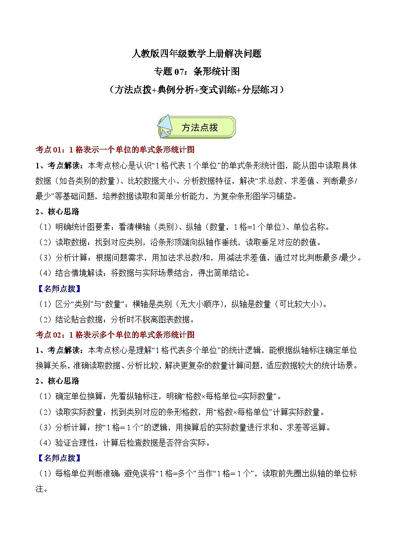 人教版四年级数学上册应用题专项专题07：条形统计图(3大考点方法点拨+典例分析+变式训练+分层练习)(学生版+解析)第1页