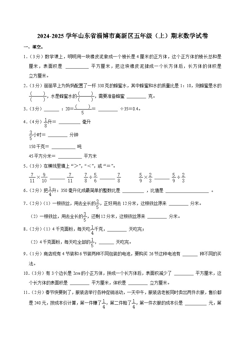 2024-2025学年山东省淄博市高新区五年级（上）期末数学试卷第1页