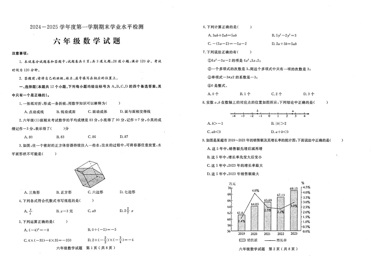 山东省烟台市莱州市2024-2025学年六年级上学期1月期末数学试题第1页