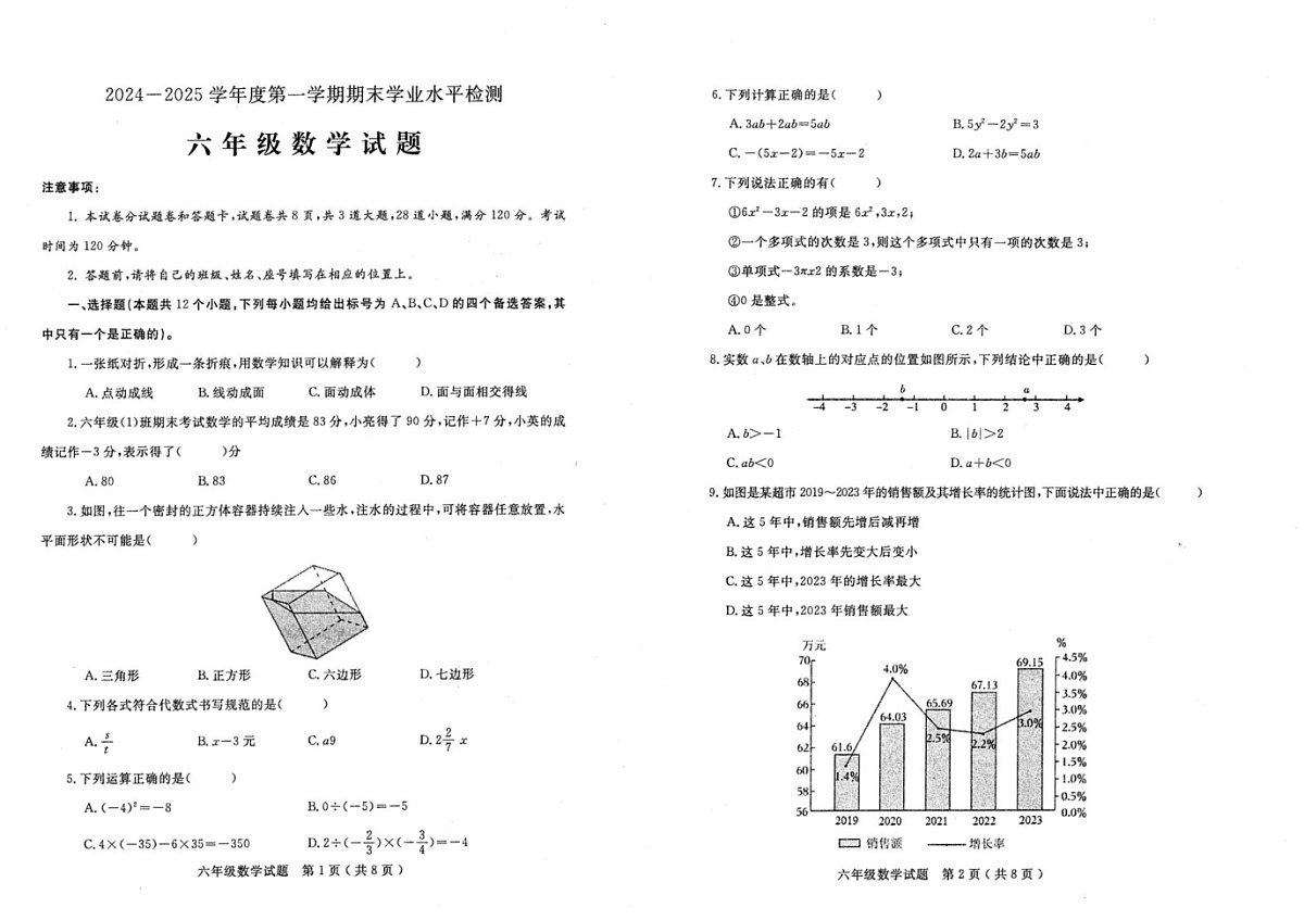 山东省烟台市莱州市2024-2025学年六年级上学期1月期末数学试题第1页