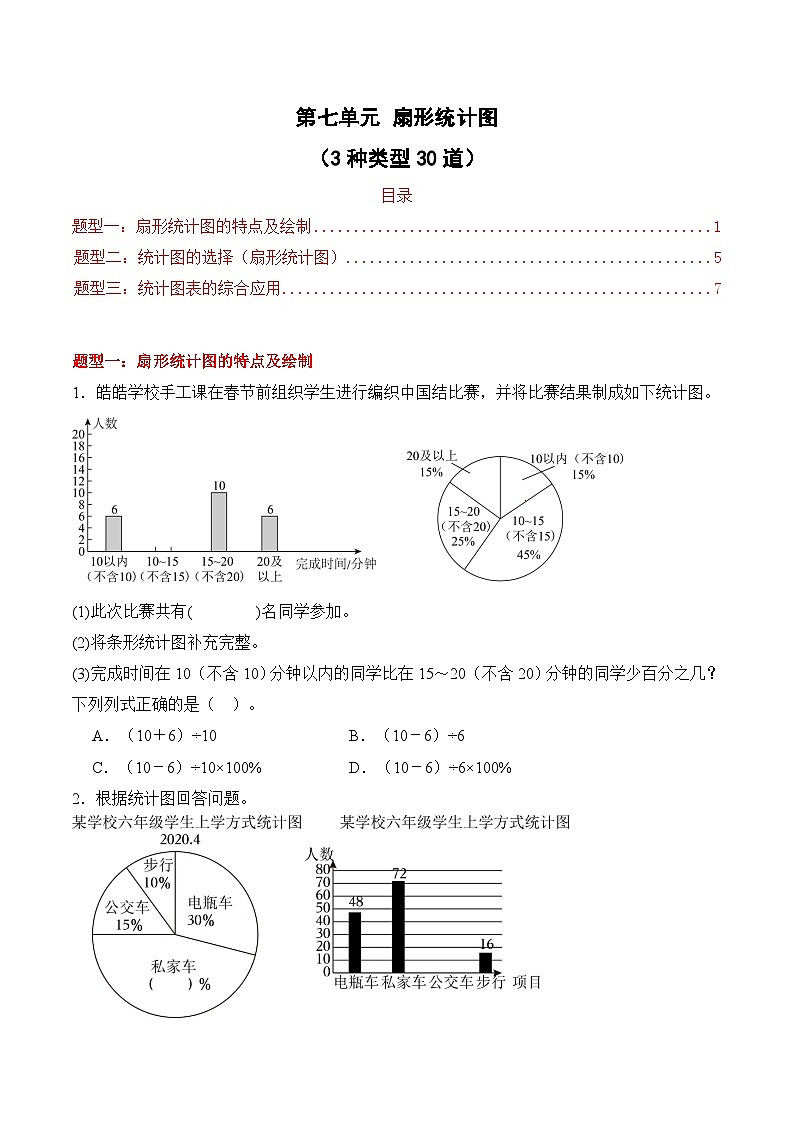 第七单元 扇形统计图（3种类型30道）期末专项训练 2026年六年级数学人教版（原卷版）第1页