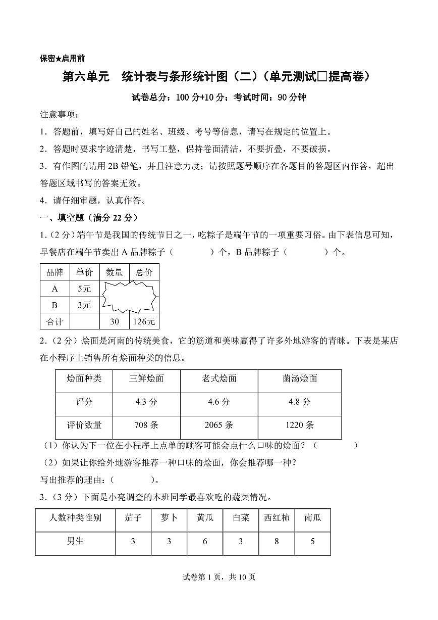 第六单元 统计表与条形统计图（二）（单元测试•提高卷）数学苏教版五年级上册（A4版）第1页