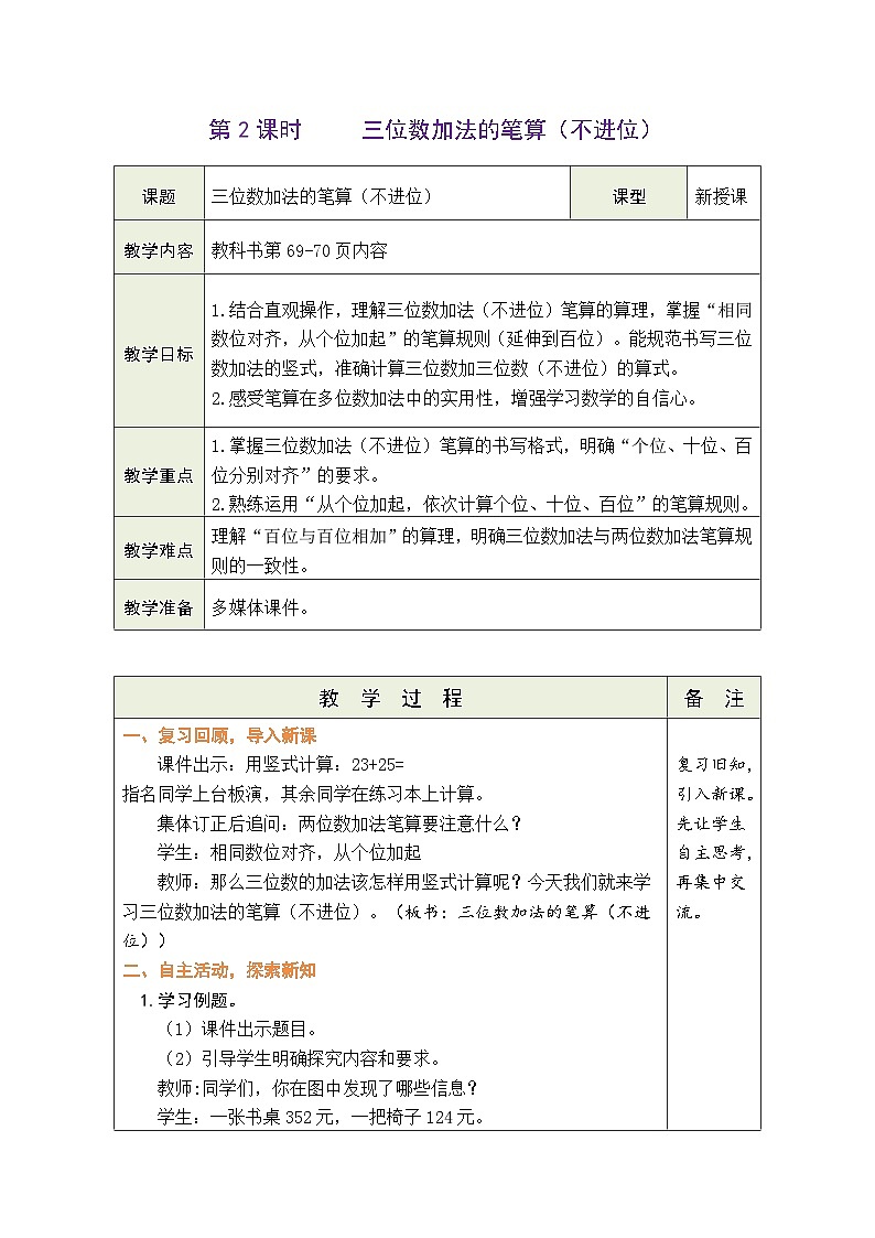 苏教版（2024）数学二年级下册 6.2 三位数加法的笔算（不进位）（表格式教案）第1页