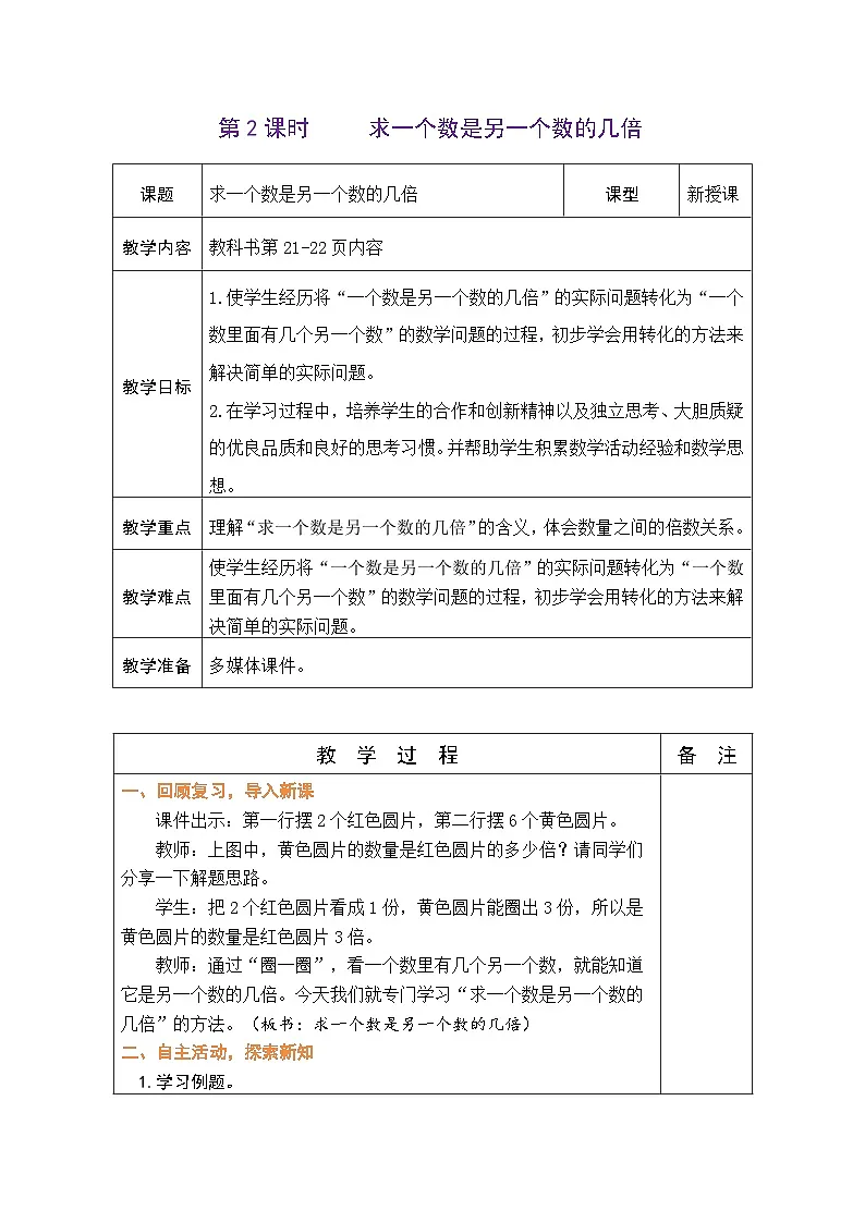 苏教版（2024）数学二年级下册 2.2 求一个数是另一个数的几倍（表格式教案）第1页