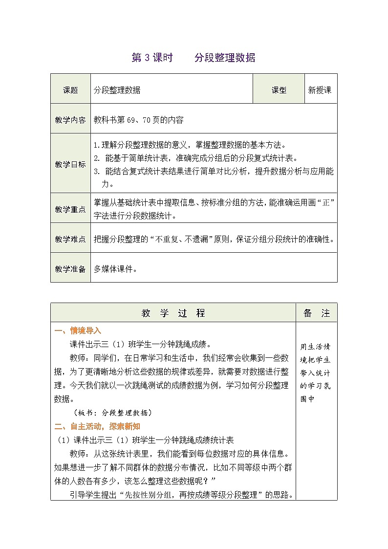 人教版（2024）数学三年级下册 5.3 分段整理数据（表格式教案）第1页