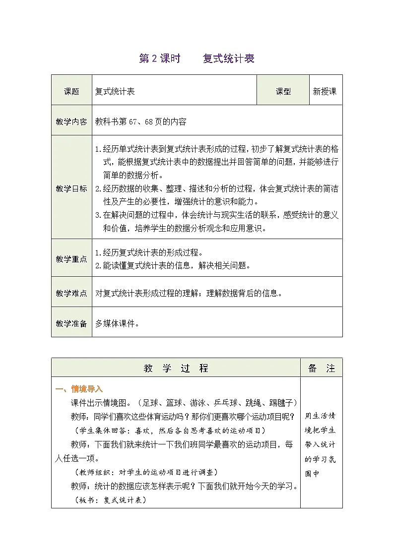 人教版（2024）数学三年级下册 5.2 复式统计表（表格式教案）第1页