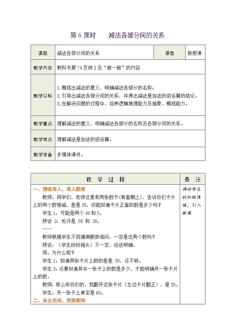 人教版（2024）数学二年级下册4.6 减法各部分间的关系（表格式教案）第1页