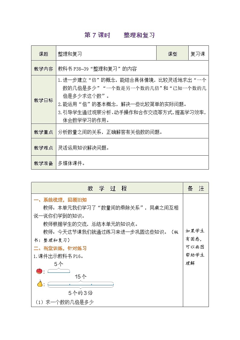 人教版（2024）数学二年级下册2.7 整理和复习（表格式教案）第1页