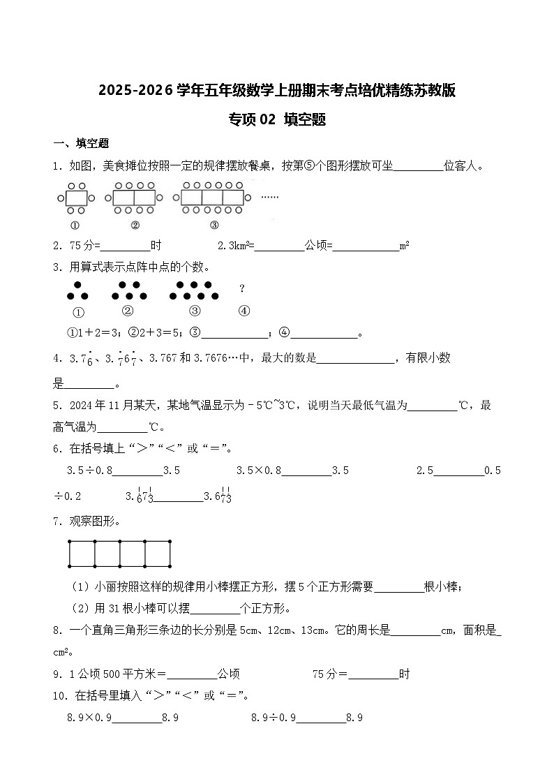 （期末考点）2025-2026学年五年级数学上册期末考点培优精练苏教版专项02 填空题（含答案解析）第1页