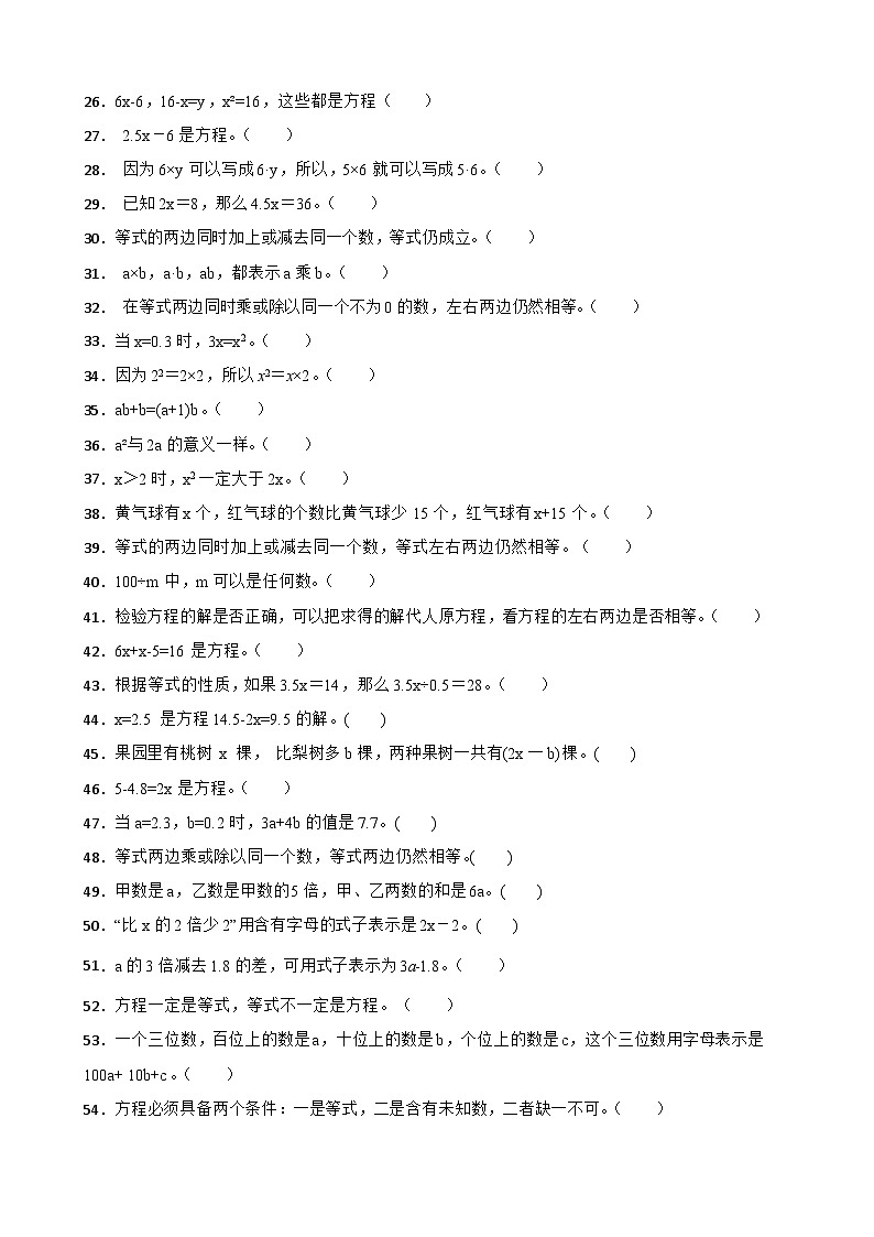 （期末考点）第5单元 简易方程 专项03 判断题-2025-2026学年五年级数学上册期末复习培优精练人教版（含答案解析）第2页